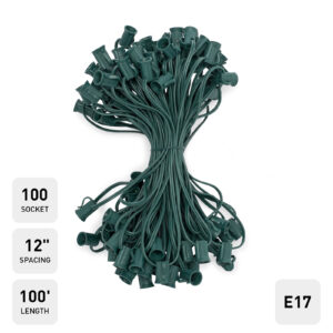 C9 (E17) Christmas Lights Socket Cord, 12" Spacing, Green Wire, SPT-1, (100 Socket - 100ft)