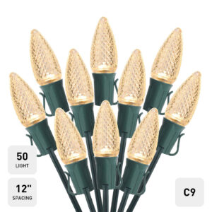 50L C9 Christmas Light String 12in Bulb Spacing - 3 Male and Female Slide on Plugs