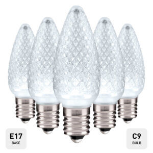 C9 Christmas Lights Faceted Bulb – E17 Nickel-Plated Base, 120V, Super Bright, One-Piece Construction