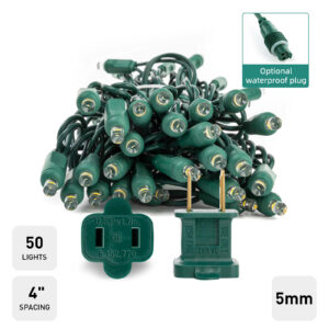 50 Count 5mm Convex 6x6x6" LED String Lights – One-Piece Molded, Twist Lock, 22AWG Green Wire with Rectifier (Bulk Package)